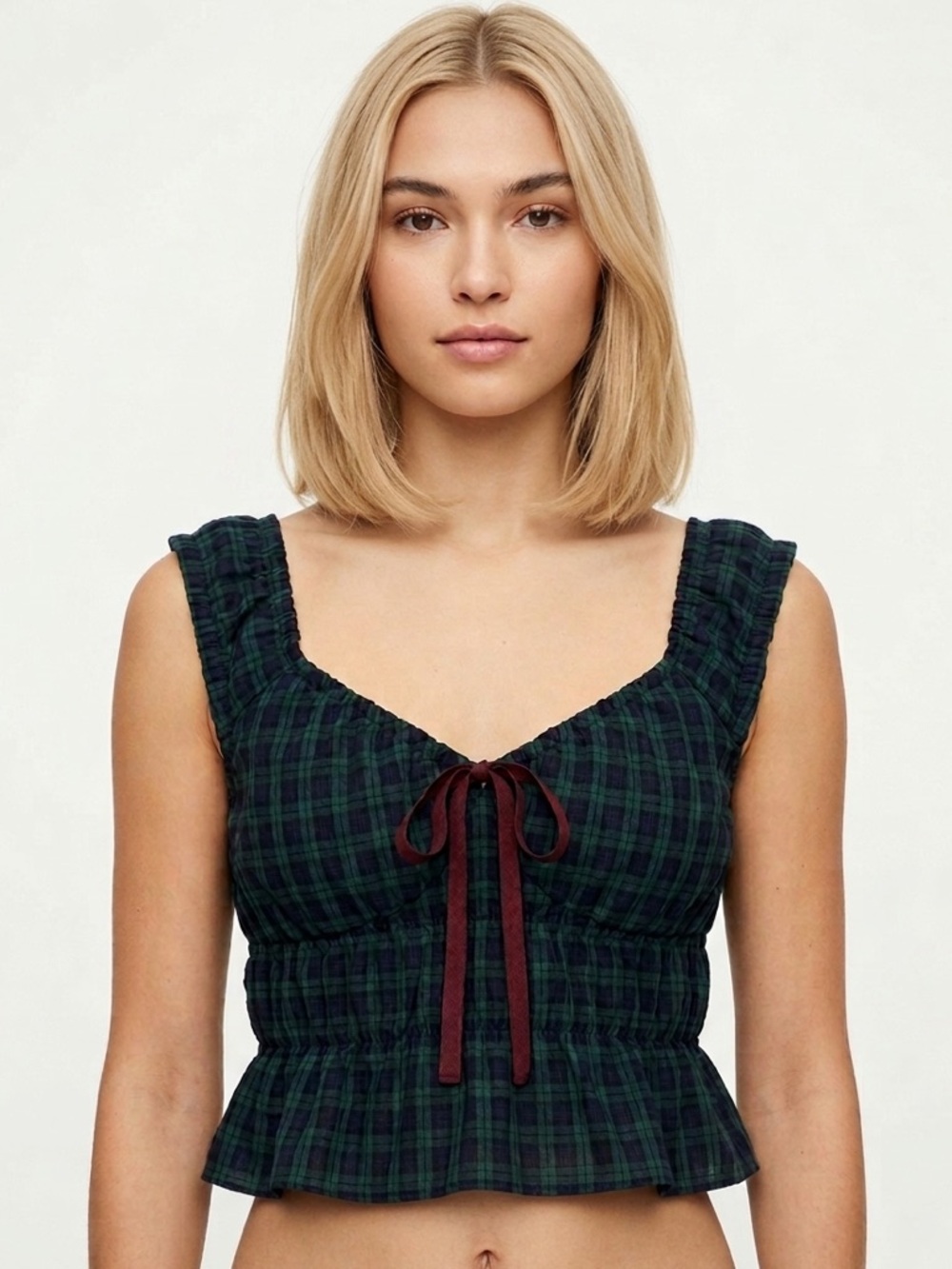 2/$30 - Cider Plaid Ruffle Trim Tank Top Smocked Tie Front Dark Green Medium